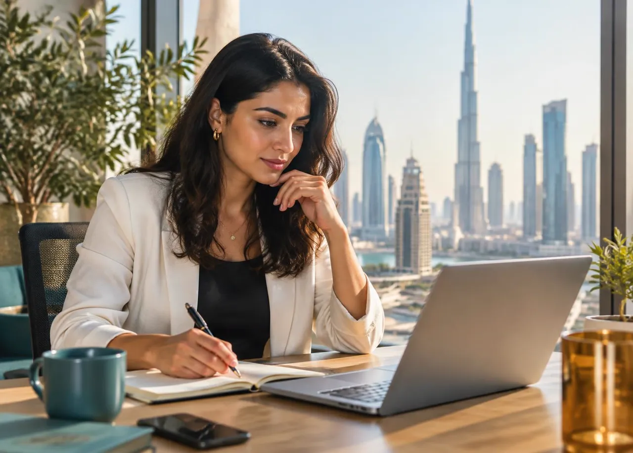A professional reviewing career notes in a Dubai workspace