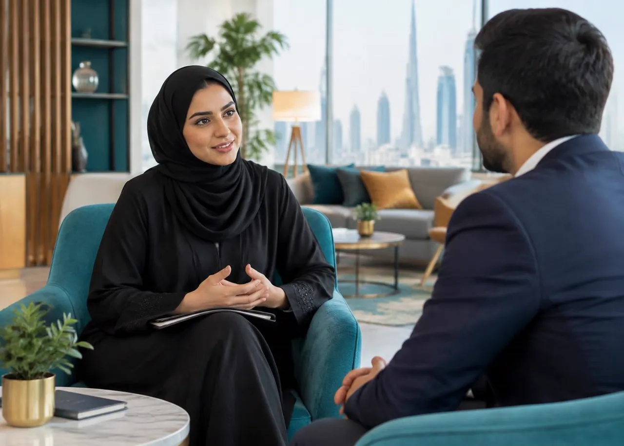 A career adviser speaking with a professional in a Dubai office